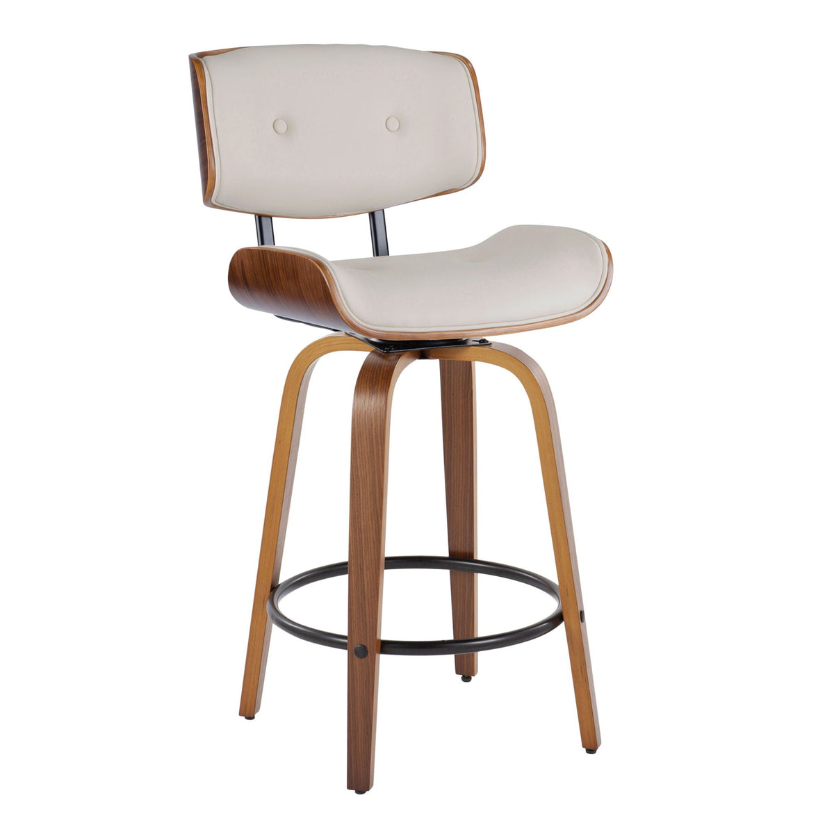 Mid-Century Modern counter stool with swivel and footrest, cream upholstery, walnut wood frame on Tampa Home & Garden Store