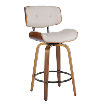 Mid-Century Modern counter stool with swivel and footrest, cream upholstery, walnut wood frame on Tampa Home & Garden Store