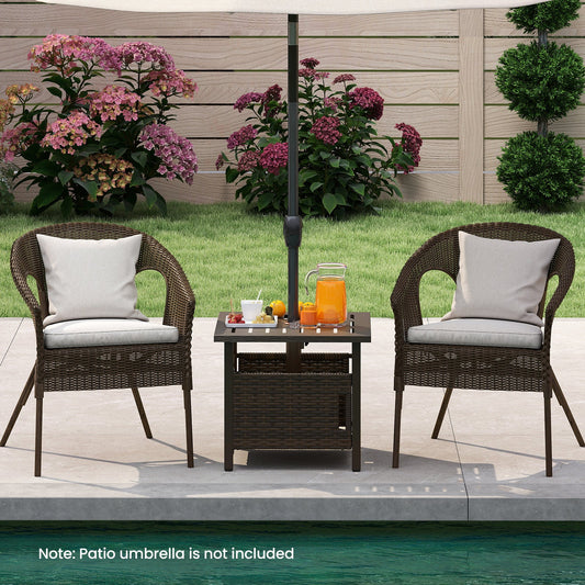 Outdoor Side Table with 1.93" Umbrella Hole All-Weather PE Wicker Patio Umbrella Table-Brown - Tampa Home & Garden Store