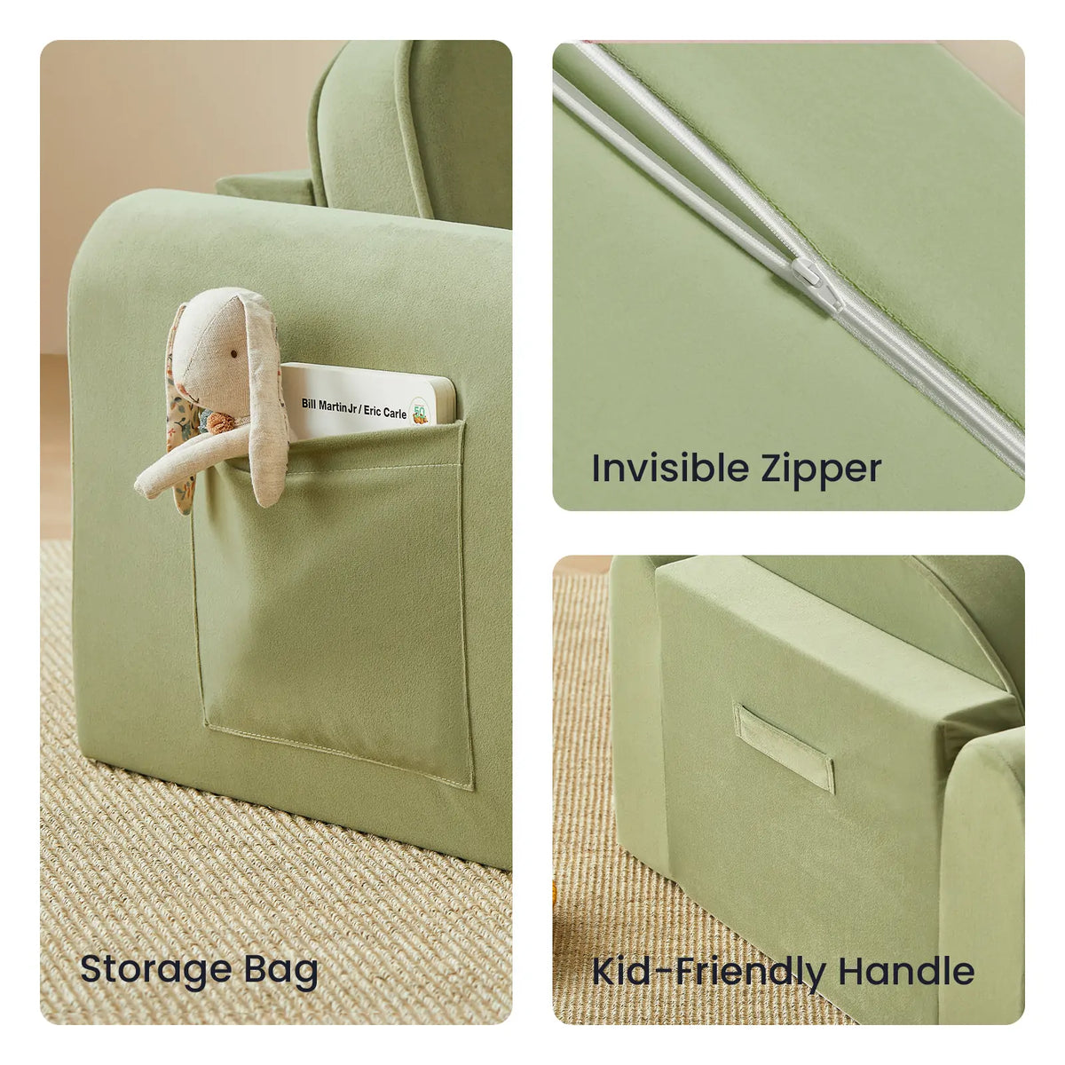 Tiny Land GentleSnug Kid Chair green with storage pocket holding a book on Tampa Home & Garden Store