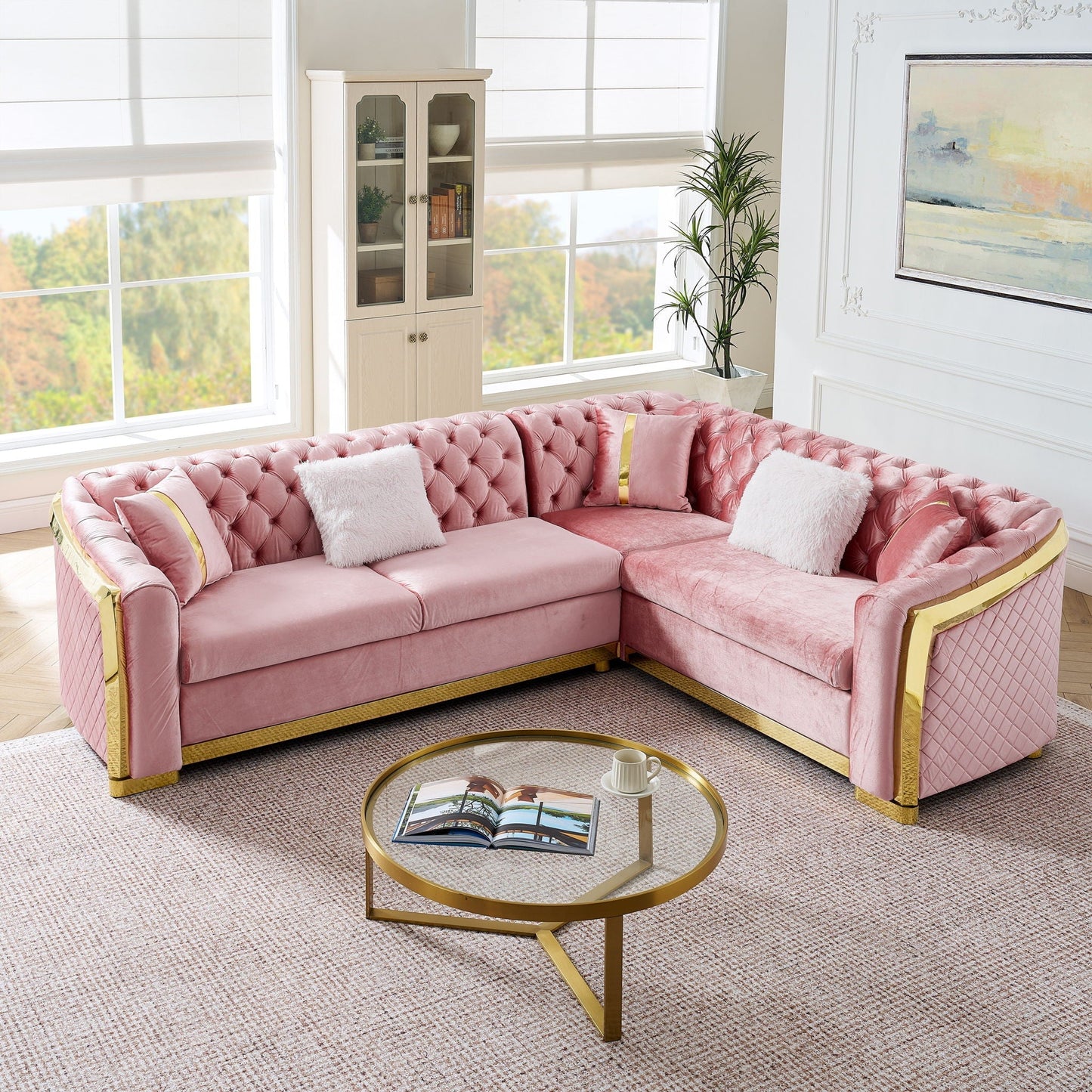 L-shaped Chesterfield sectional sofa in pink velvet with gold metal accents HouseOfZazla on Tampa Home & Garden Store