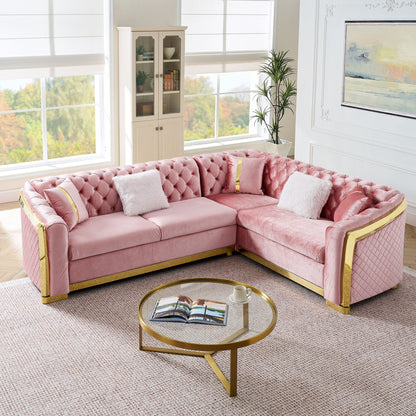 L-shaped Chesterfield sectional sofa in pink velvet with gold metal accents HouseOfZazla on Tampa Home & Garden Store