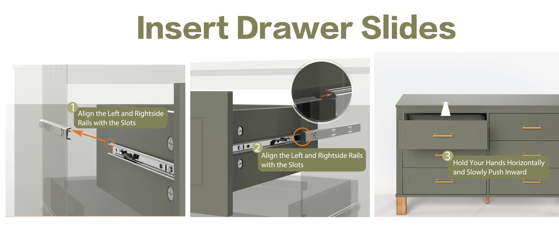 6-Drawer Double Dresser in Olive by HouseOfZazla olive-green dresser with gold pulls on Tampa Home & Garden Store