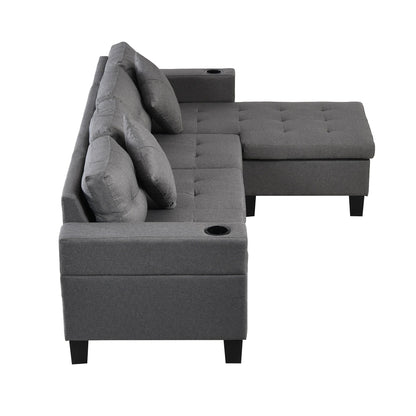 Modern gray sectional sofa set with L-shaped chaise, 4 seats, cup holder, HouseOfZazla on Tampa Home & Garden Store