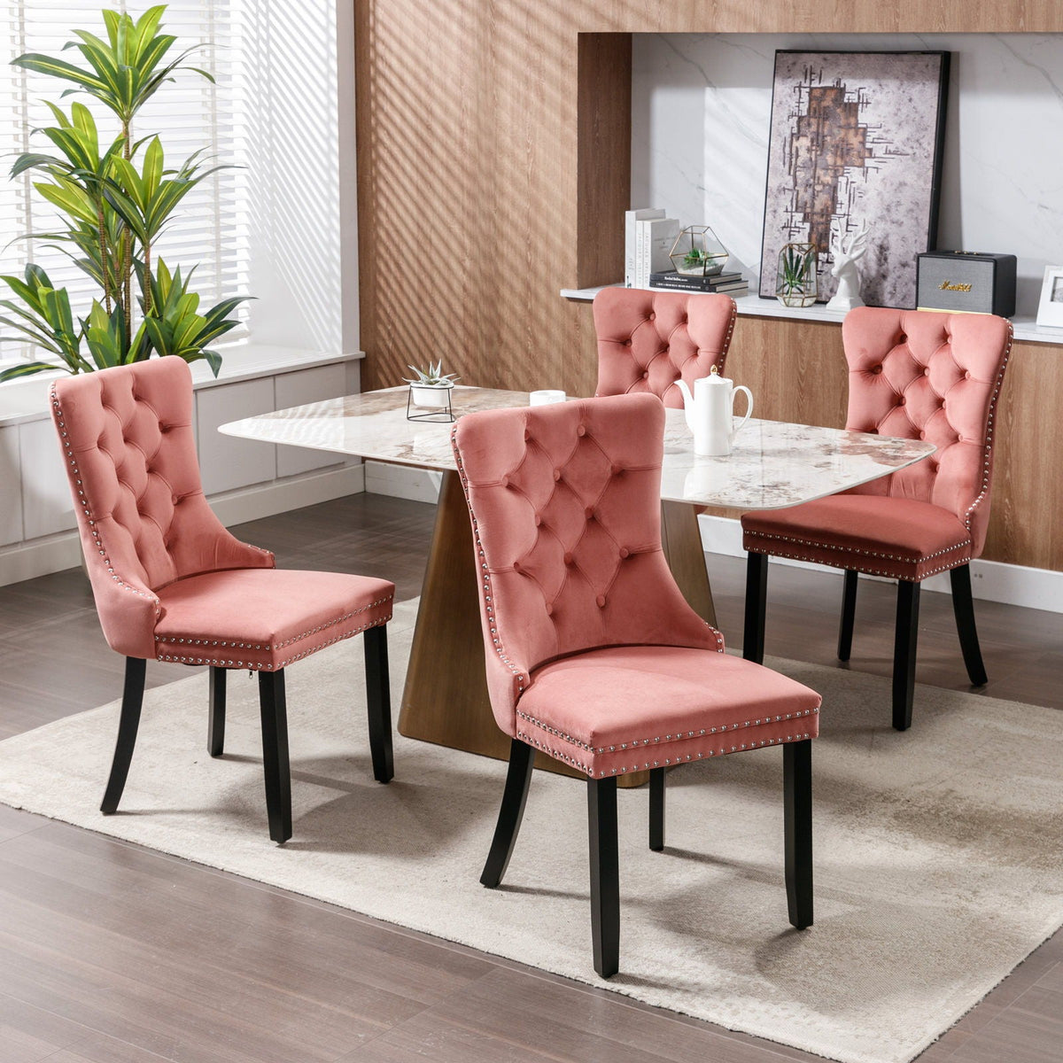 Tufted velvet dining chair set in blush pink with nailhead trim and black legs, 4 chairs on Tampa Home & Garden Store