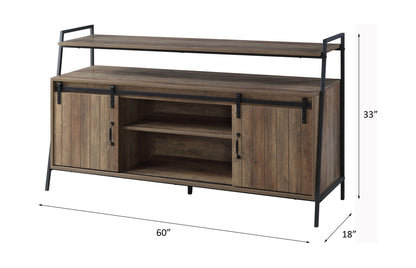 Rashawn Rustic Oak TV Stand HouseOfZazla, 60in wide with black metal barn-door hardware and open storage on Tampa Home & Garden Store