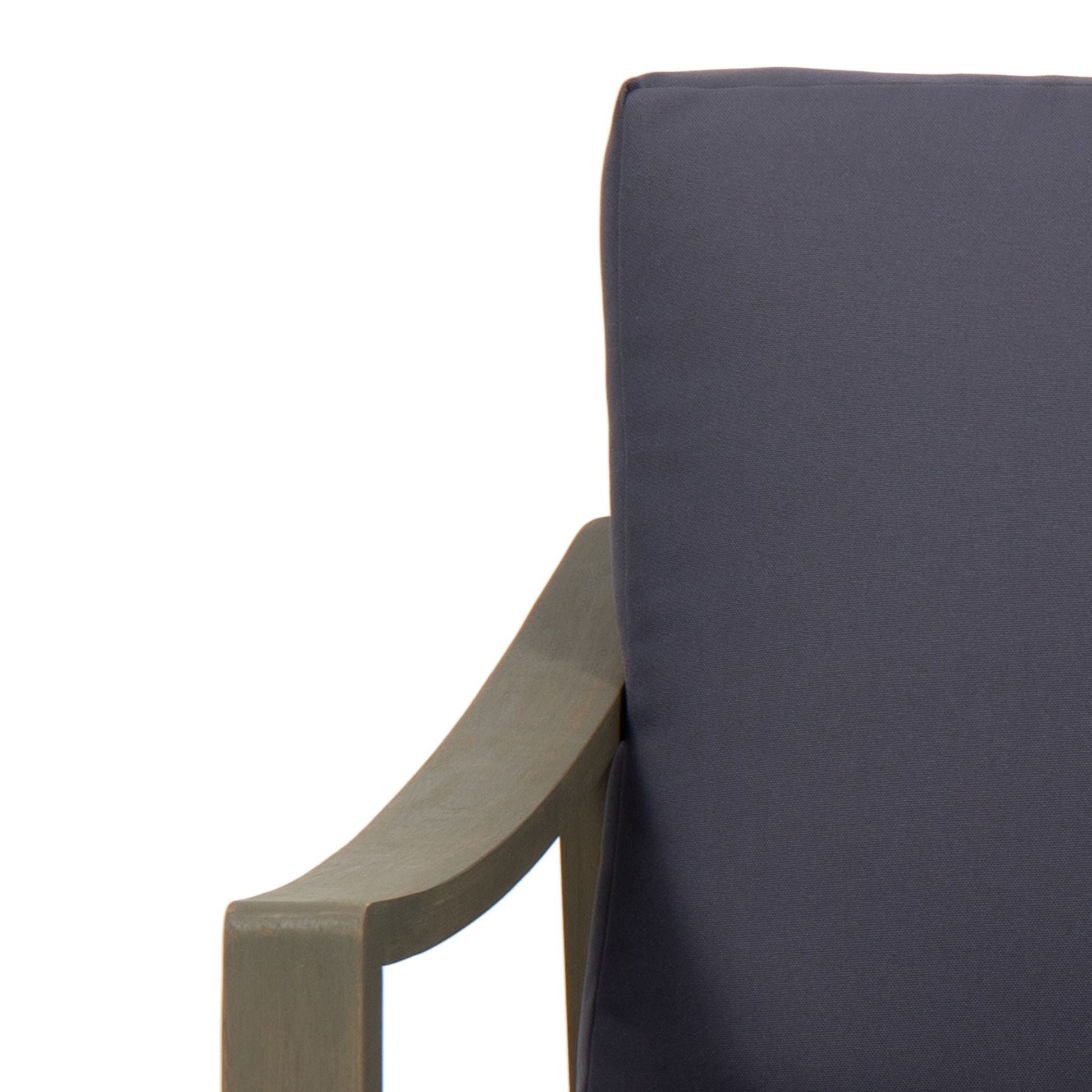 Samwell Outdoor Club Chair navy fabric with wooden armrest close-up on Tampa Home & Garden Store