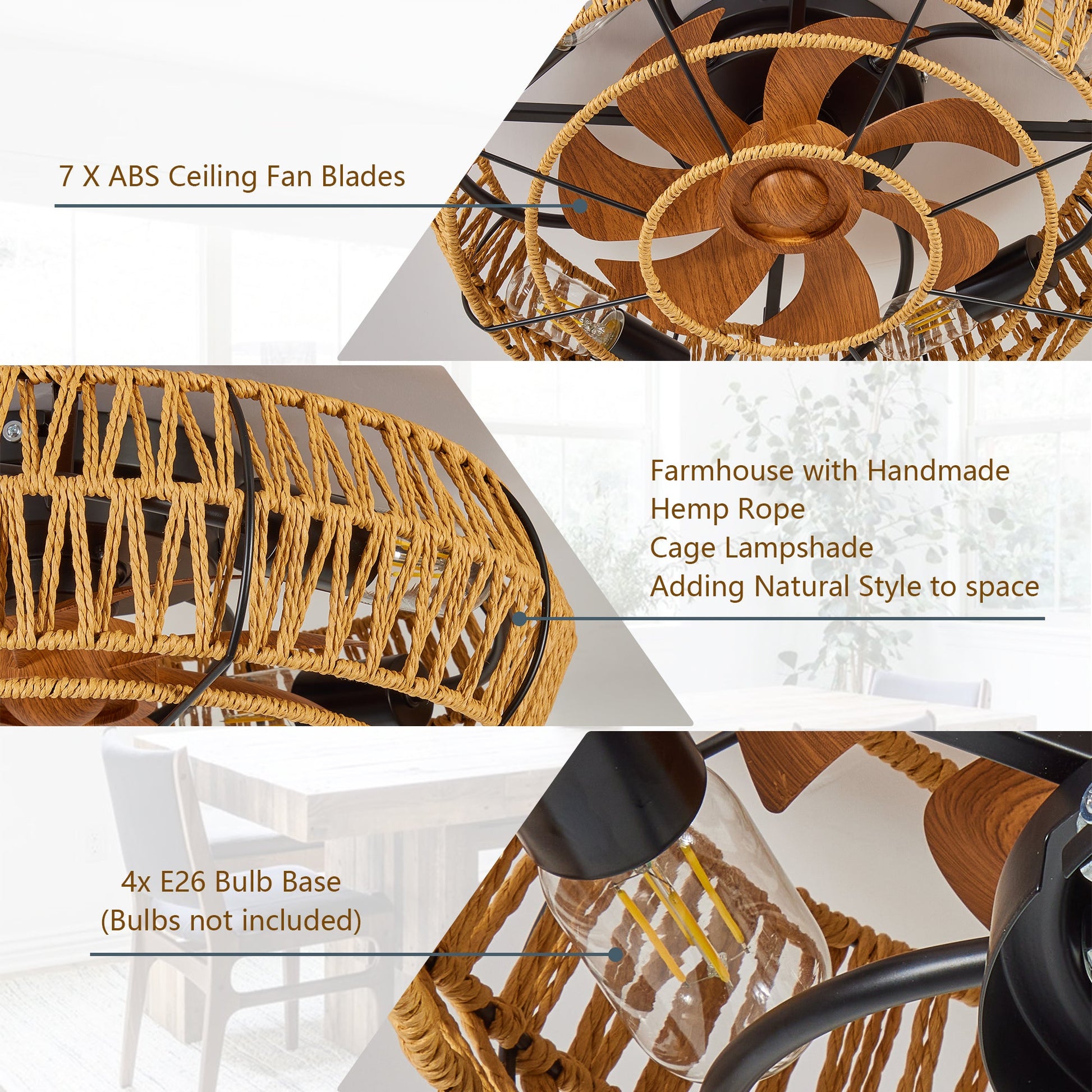 19in caged ceiling fan with lights and remote; wooden blades, rope cage by HouseOfZazla on Tampa Home & Garden Store