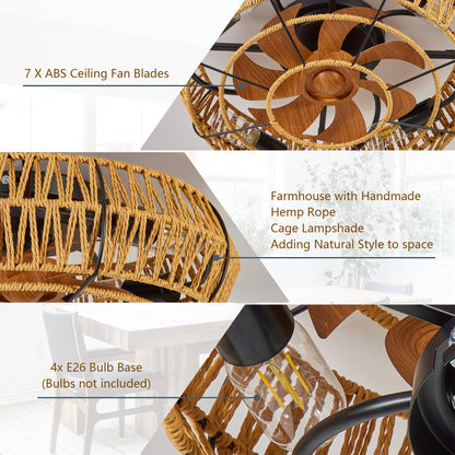 19in caged ceiling fan with lights and remote; wooden blades, rope cage by HouseOfZazla on Tampa Home & Garden Store