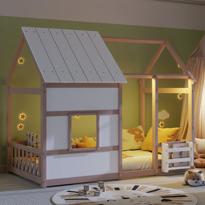 Cozy House Kids Bed with Led Lights and Bookshelf