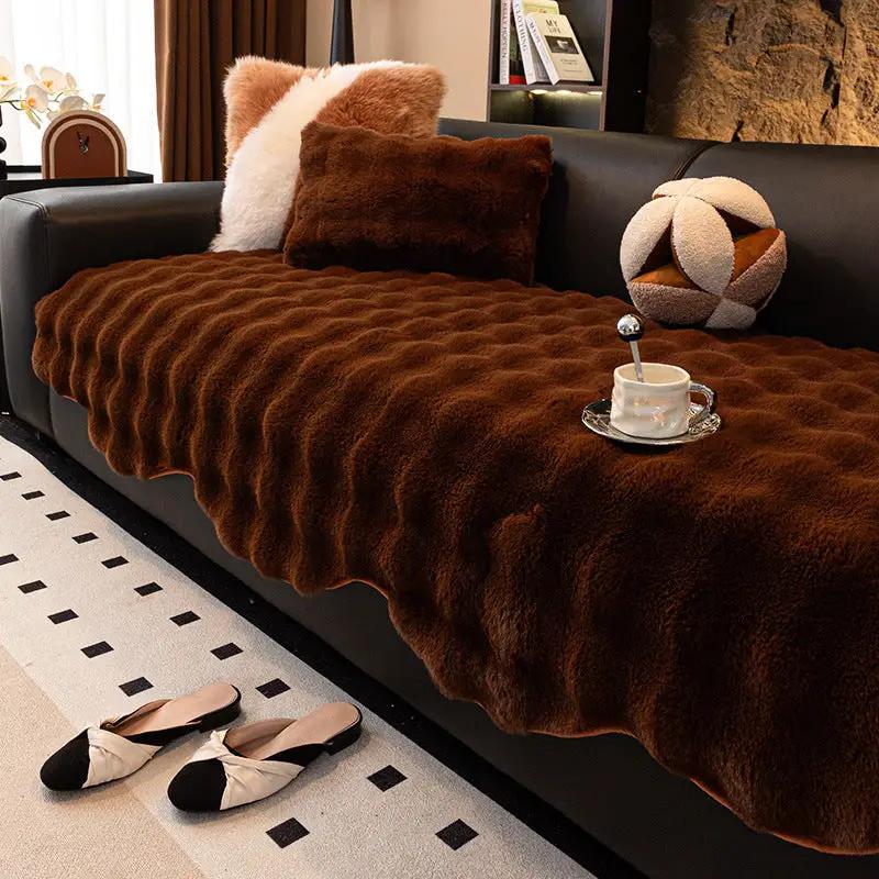 Autumn And Winter Thickening Irregular Sofa Cushion brown faux fur throw on black sofa on Tampa Home & Garden Store