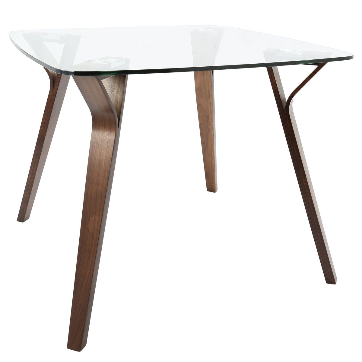 Mid Century Modern Dinette Table with glass top and sculpted brown wooden legs on Tampa Home & Garden Store