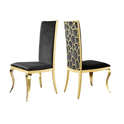Dining chairs pair with black upholstery and gold legs; lattice backrest accent on Tampa Home & Garden Store