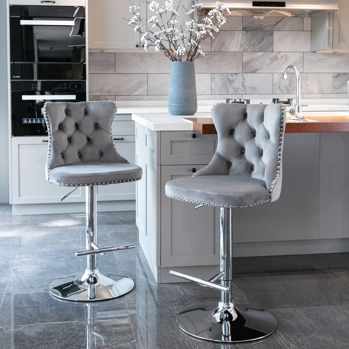 HouseOfZazla swivel barstools set of 2, gray tufted upholstery, chrome pedestal bases on Tampa Home & Garden Store