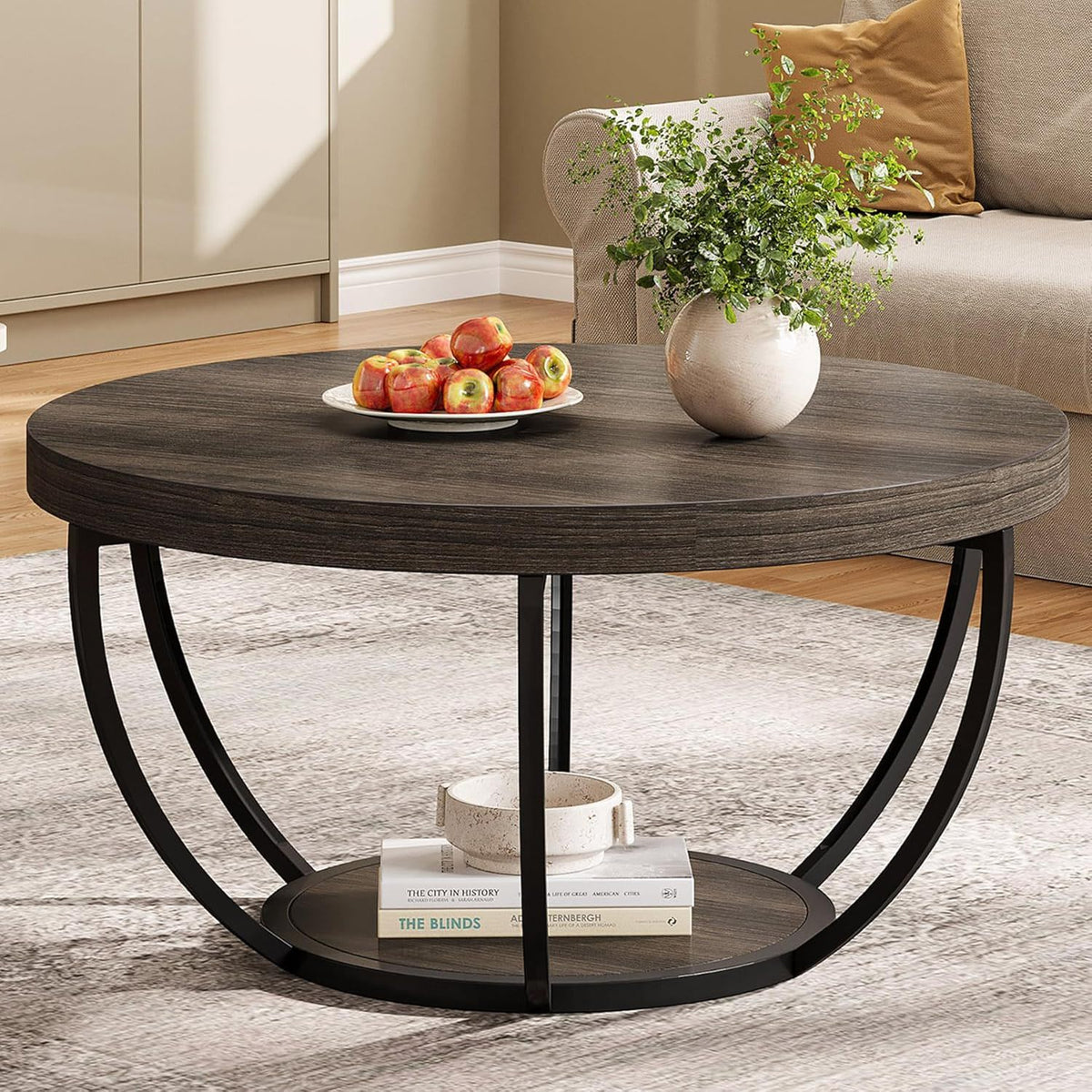 2 Tier Circle Coffee Table in dark brown wood with lower shelf and black legs on Tampa Home & Garden Store