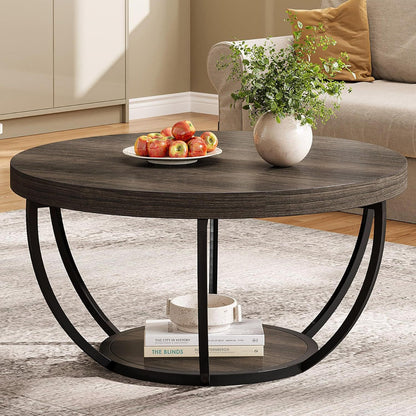 2 Tier Circle Coffee Table in dark brown wood with lower shelf and black legs on Tampa Home & Garden Store