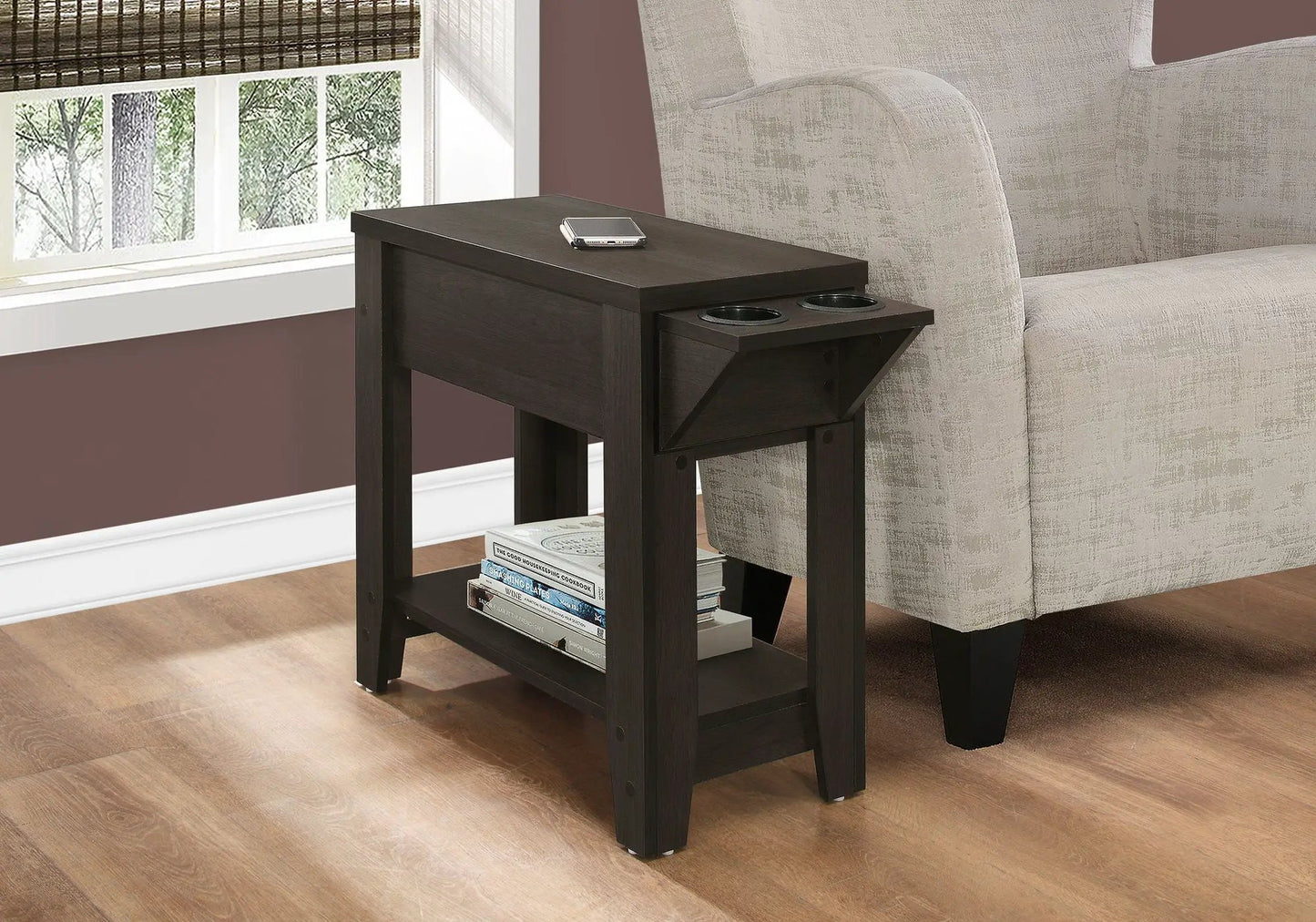 Accent Side Table with storage and cup holders in dark espresso wood on Tampa Home & Garden Store