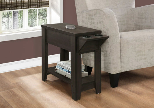 Accent Side Table with storage and cup holders in dark espresso wood on Tampa Home & Garden Store