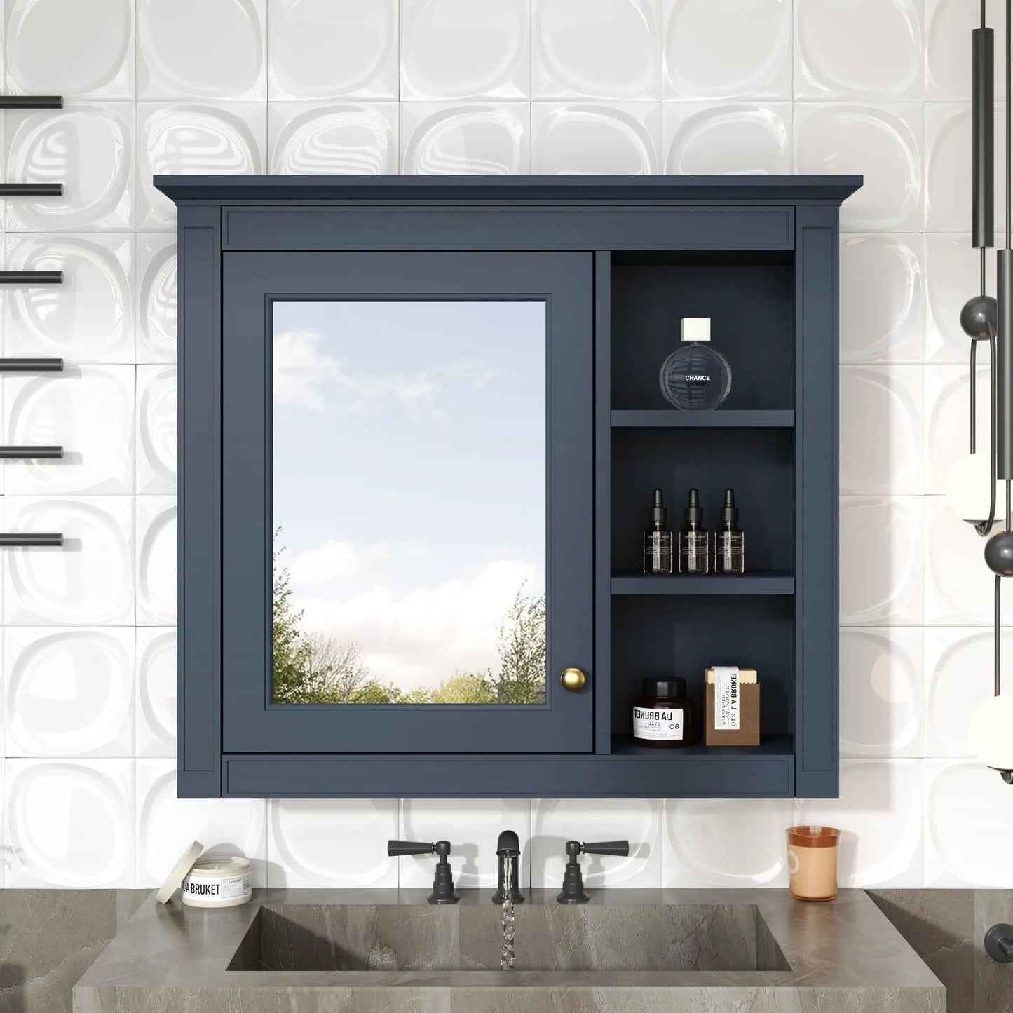 Wall Mounted Cabinet With Mirror and Open Shelves