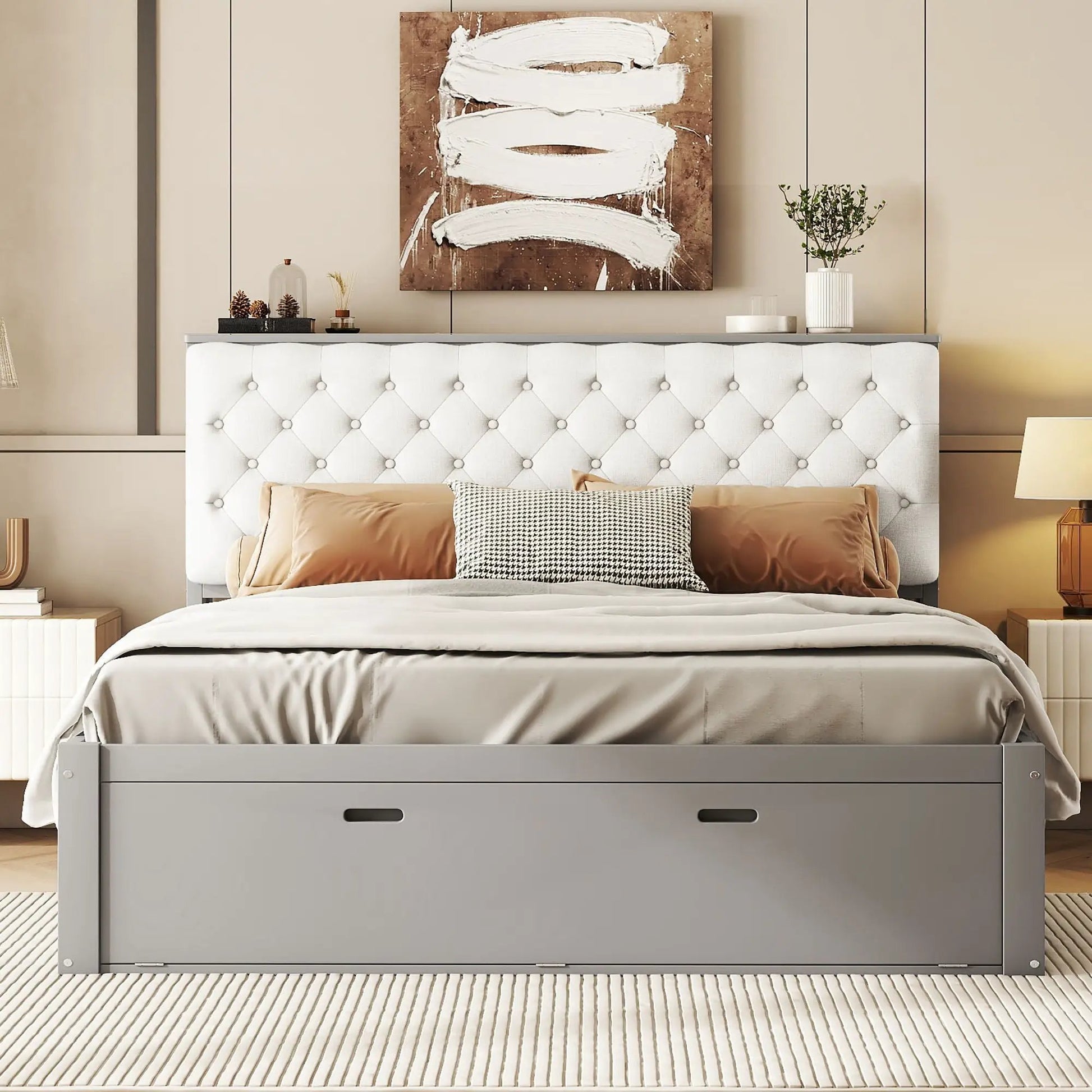 Platform bed with storage headboard in gray upholstery and four drawers by Unique Piece Furniture on Tampa Home & Garden Store