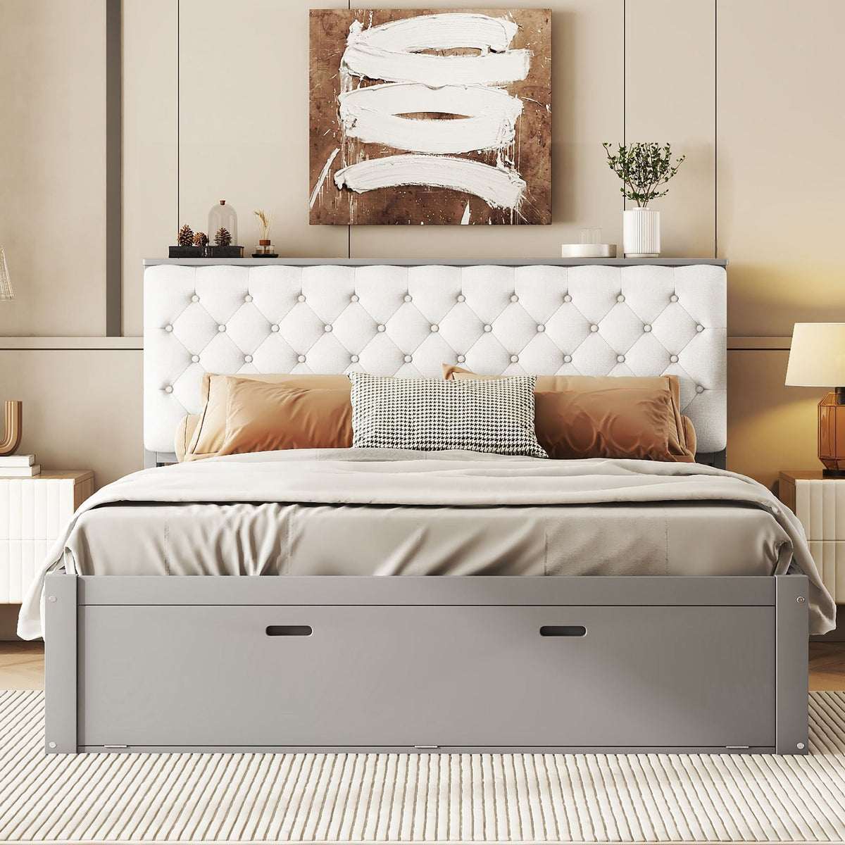 Platform bed with gray tufted storage headboard and four foot-end drawers on Tampa Home & Garden Store