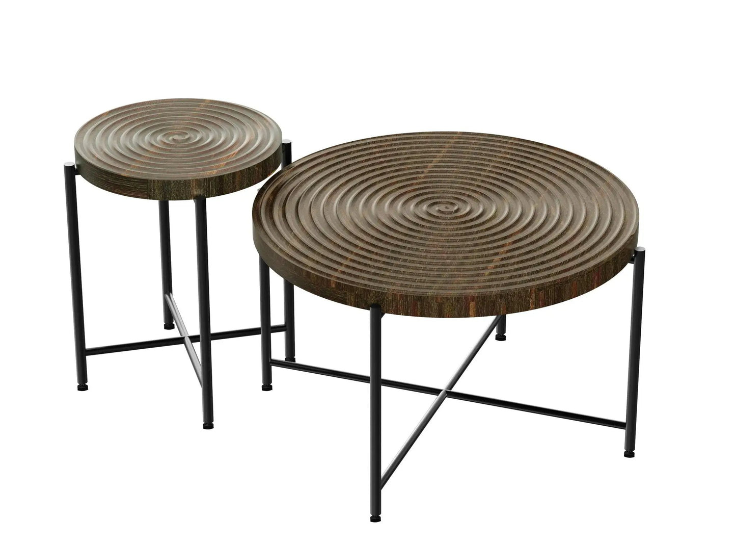 Coffee and end table set with distressed circular ring-top and black metal legs, set of 2 on Tampa Home & Garden Store