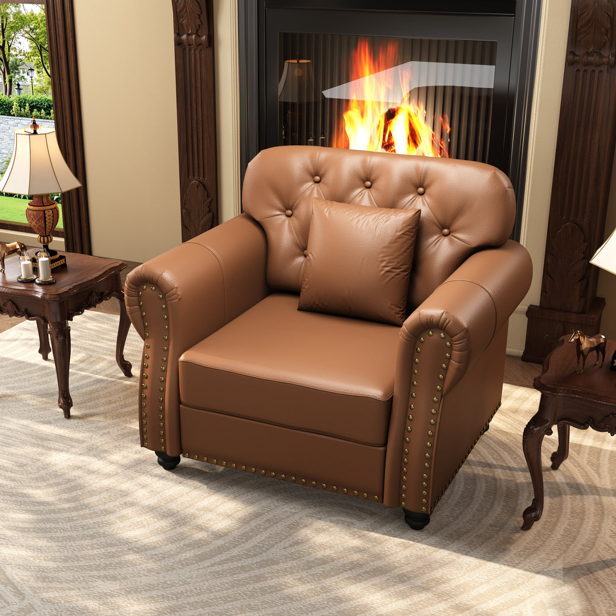 41.3-inch upholstered faux leather sofa with nailhead trim in brown by HouseOfZazla on Tampa Home & Garden Store