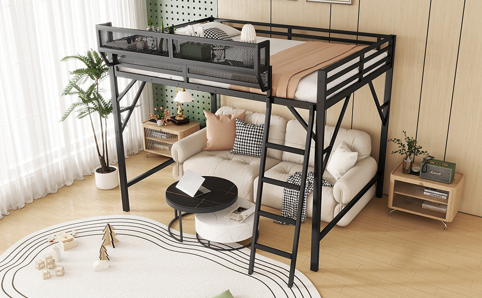 Full size loft bed with ladder and storage shelves, black metal frame, HouseOfZazla on Tampa Home & Garden Store