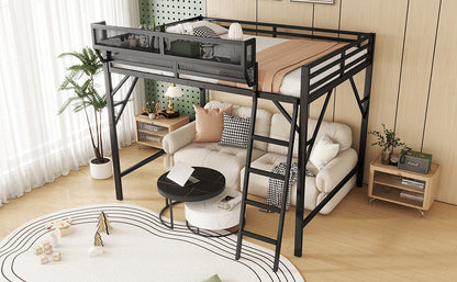 Full size loft bed with ladder and storage shelves, black metal frame, HouseOfZazla on Tampa Home & Garden Store