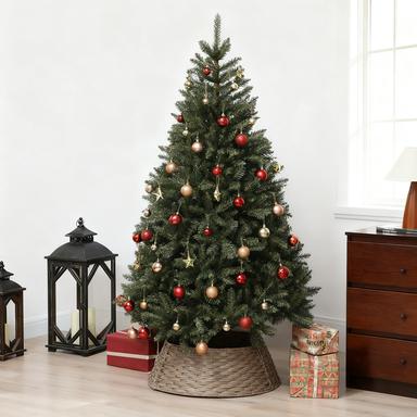2.25 ft Rustic Christmas Tree Skirt with red and gold ornaments in a woven basket base on Tampa Home & Garden Store
