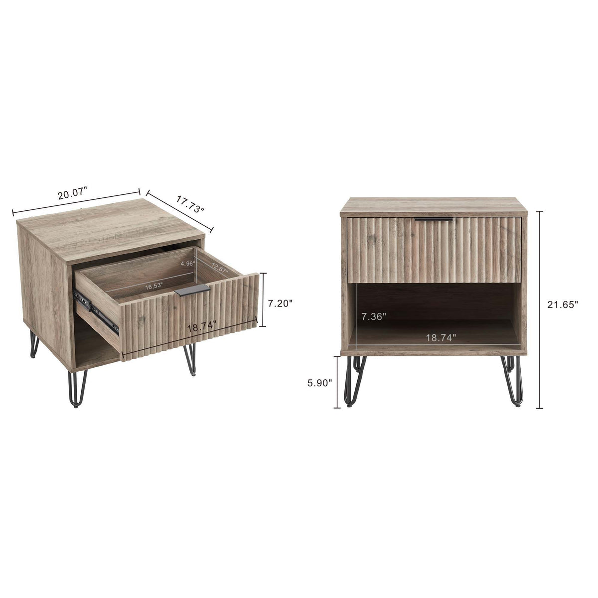 Modern Nightstand with Fluted Drawer and Metal Handles in light wood finish, two colors shown on Tampa Home & Garden Store