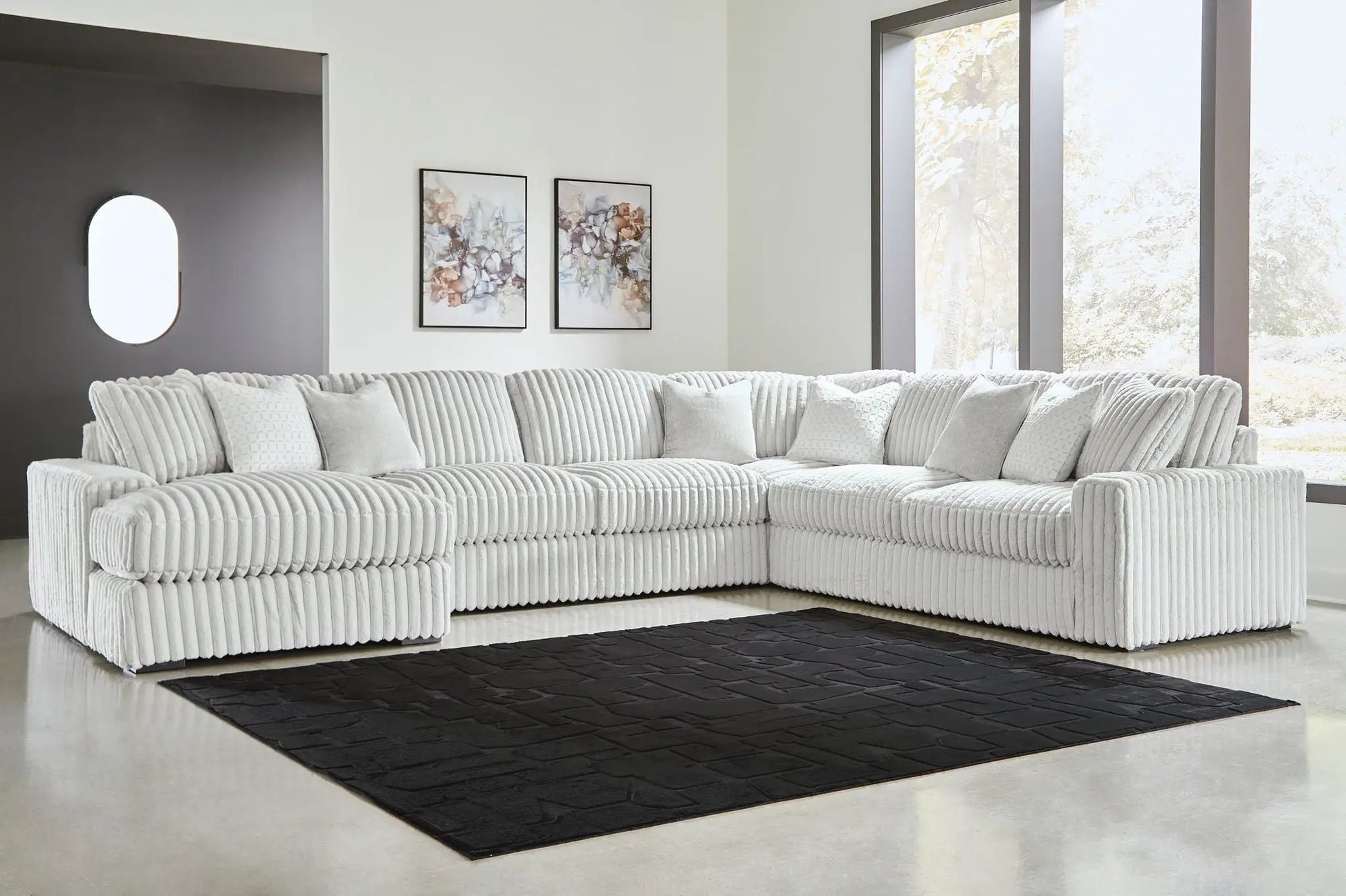 Stupendous sectional by Unique Piece Furniture in white ribbed fabric, L-shaped stationary sofa on Tampa Home & Garden Store