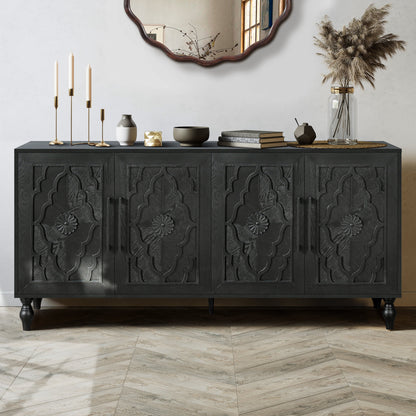 Carved Flower Door Storage Cabinet by HouseOfZazla; black accent cabinet with doors and metal handle on Tampa Home & Garden Store