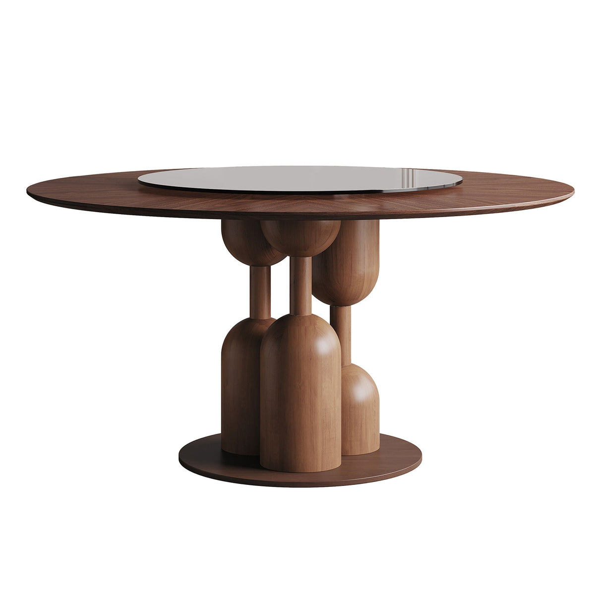 Round walnut dining table with glass lazy Susan and solid oak pedestal base by HouseOfZazla on Tampa Home & Garden Store