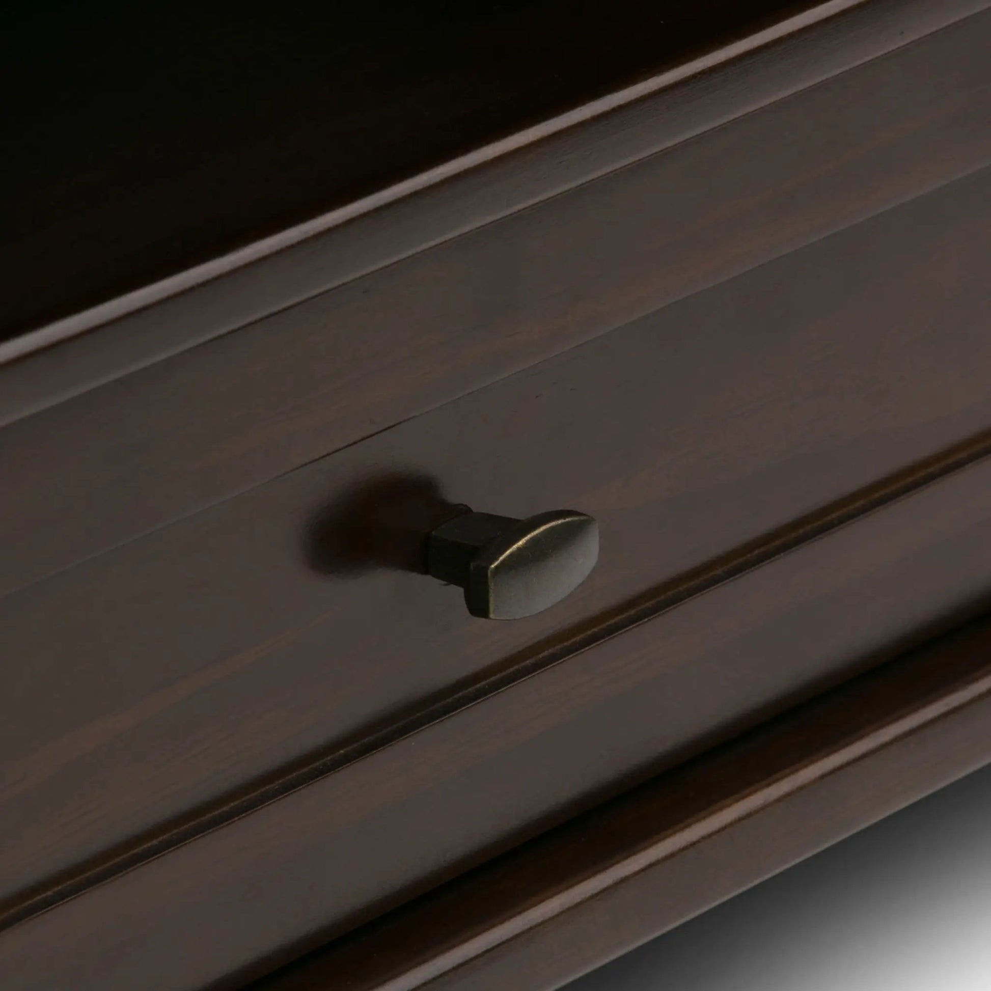 Warm Shaker - Handcrafted Table close-up of dark brown wood surface with a metal drawer pull on Tampa Home & Garden Store
