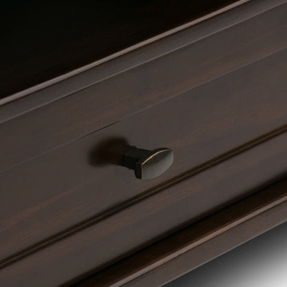Warm Shaker Coffee Table with Drawer and Shelf close-up of dark wood finish and metal knob on Tampa Home & Garden Store
