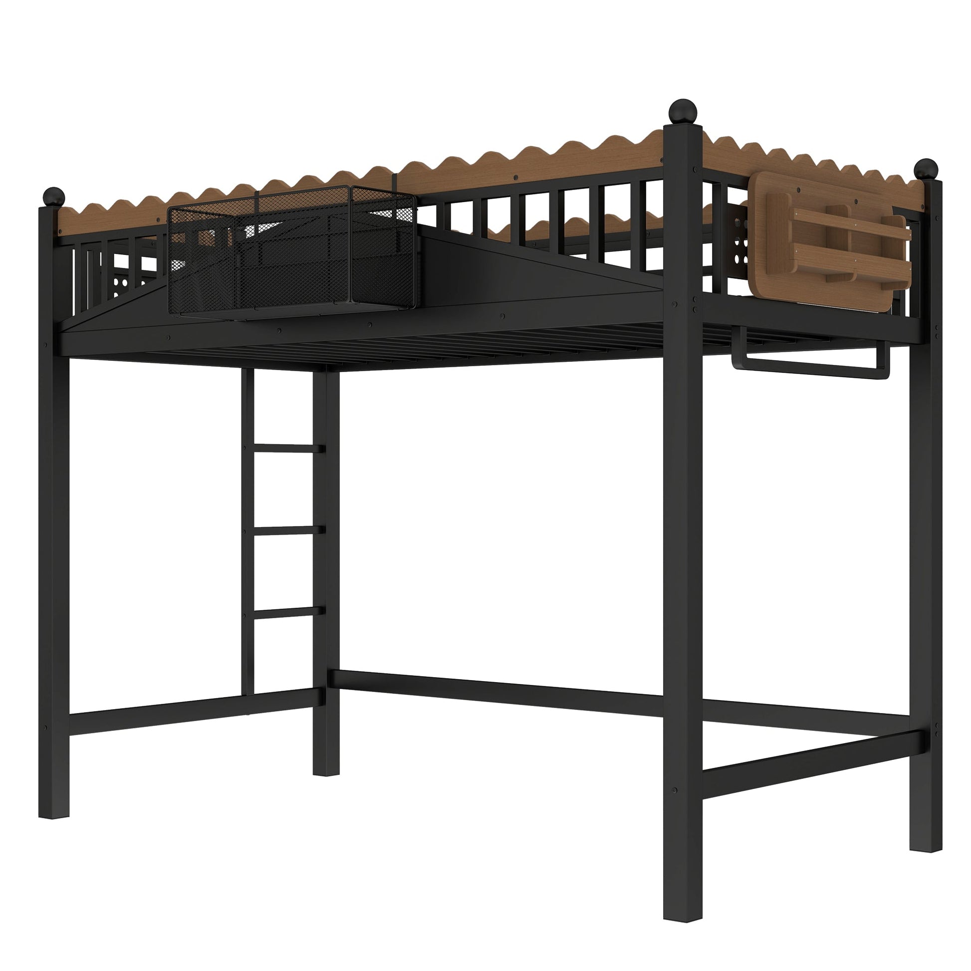 Twin XL loft bed with black metal frame, wood guard rail, ladder, storage shelves on Tampa Home & Garden Store