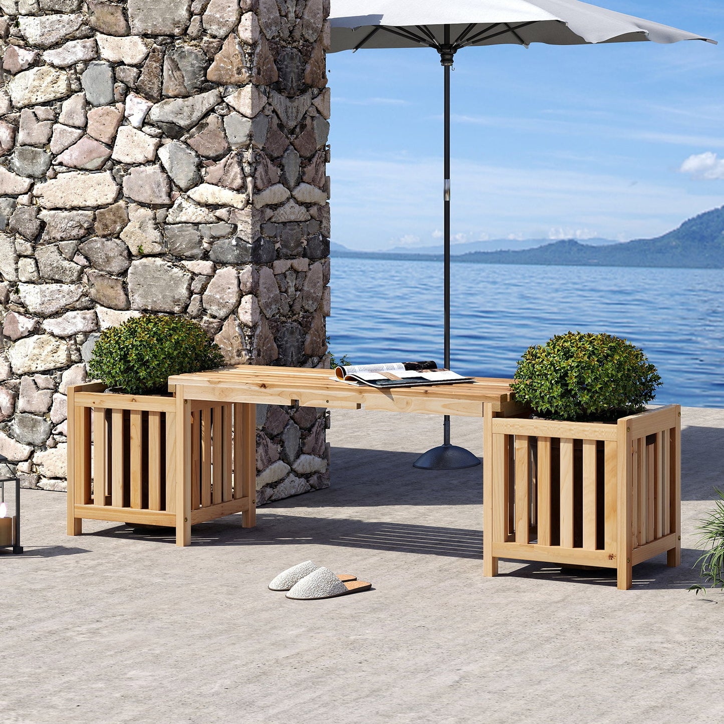 Patio Wooden Bench with Planter 2 Person Patio Bench-Natural