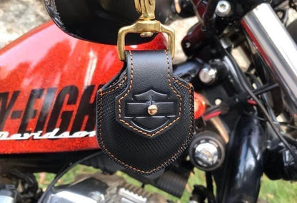 Magnetic Key Leather Case in black leather with brown stitching on a motorcycle keychain on Tampa Home & Garden Store