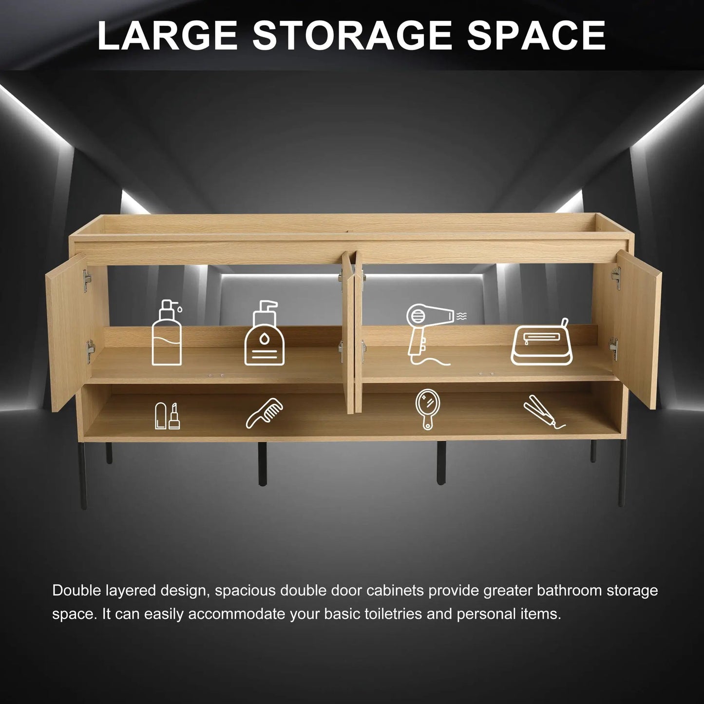 Freestanding bathroom vanities with soft-close cabinet doors in light oak, two units on Tampa Home & Garden Store
