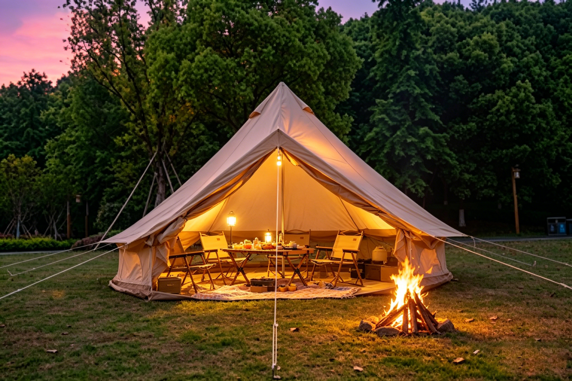Oxford Bell Tent beige canvas family camping tent with lantern-lit interior by HouseOfZazla on Tampa Home & Garden Store