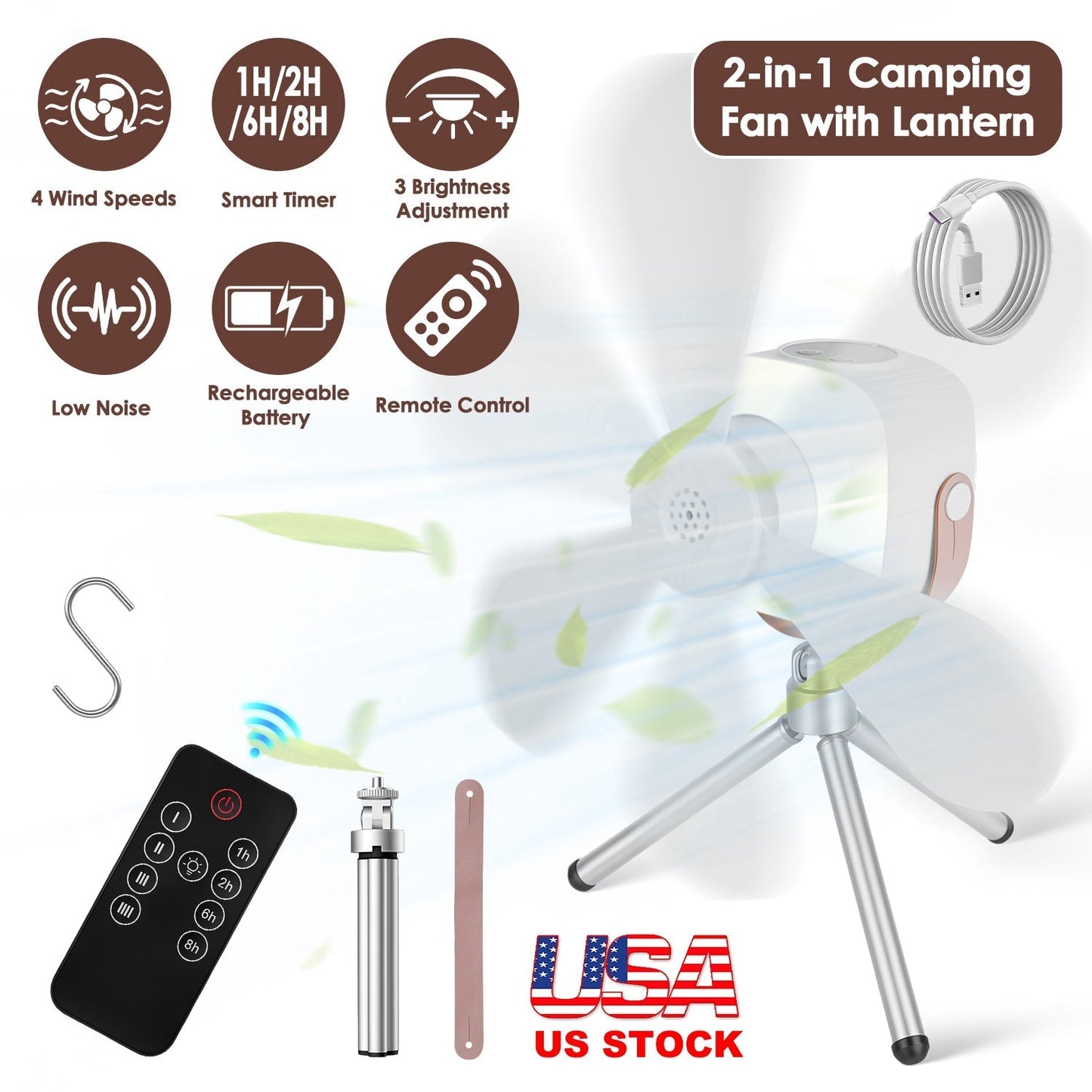 GemGear Rechargeable 2-in-1 Camping Fan with LED Light on tripod, remote control included on Tampa Home & Garden Store