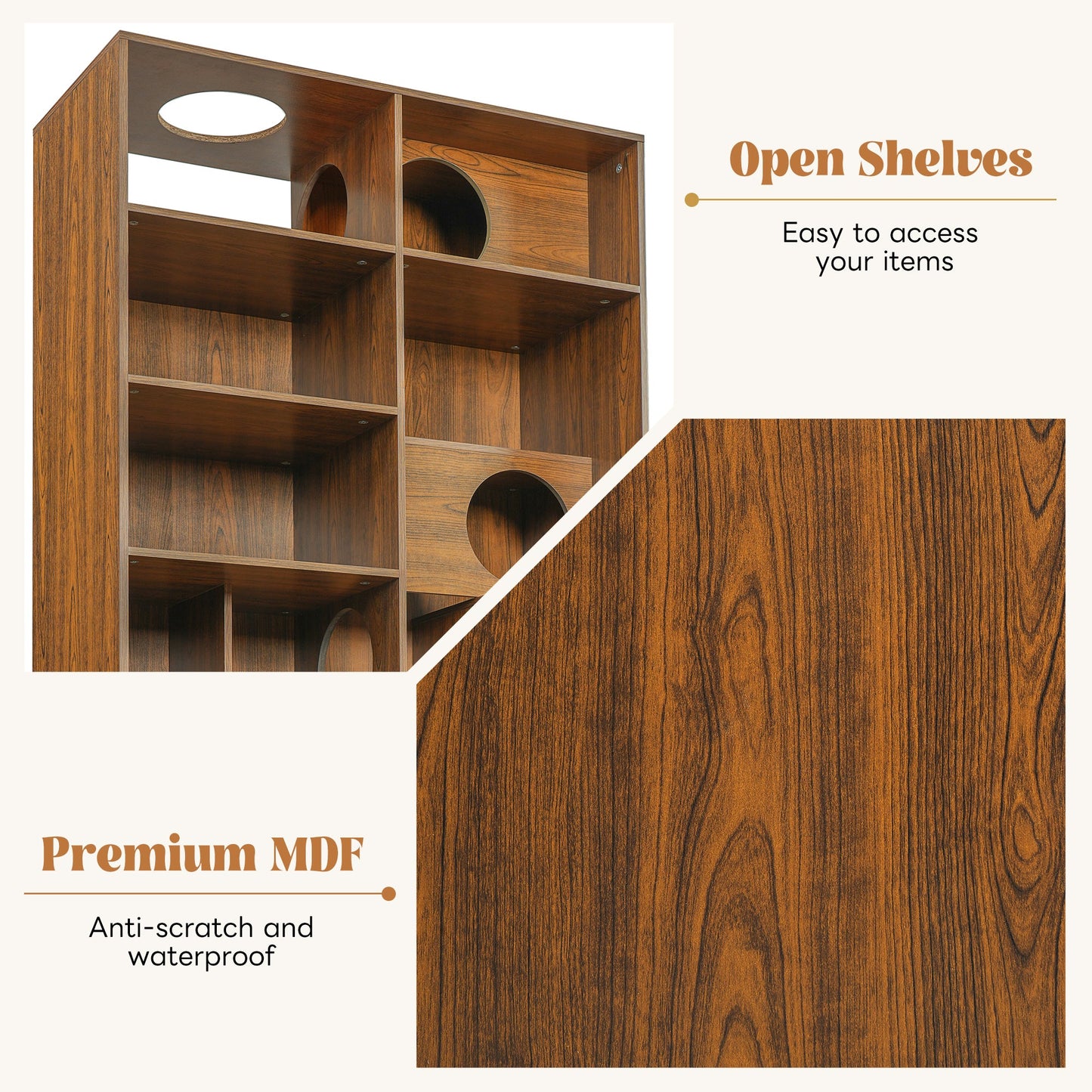 Modern 2 in 1 Wood Bookshelf Cat House with open shelves and circular cat openings in wood finish on Tampa Home & Garden Store
