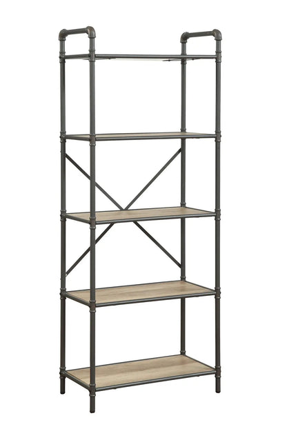 Itzel bookshelf pipe-frame etagere with dark metal and wood shelves on Tampa Home & Garden Store