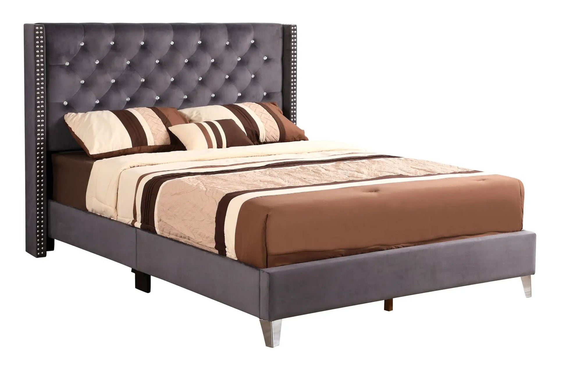 Upholstered nailhead trim chic bed in charcoal gray with tufted headboard and crystal studs on Tampa Home & Garden Store