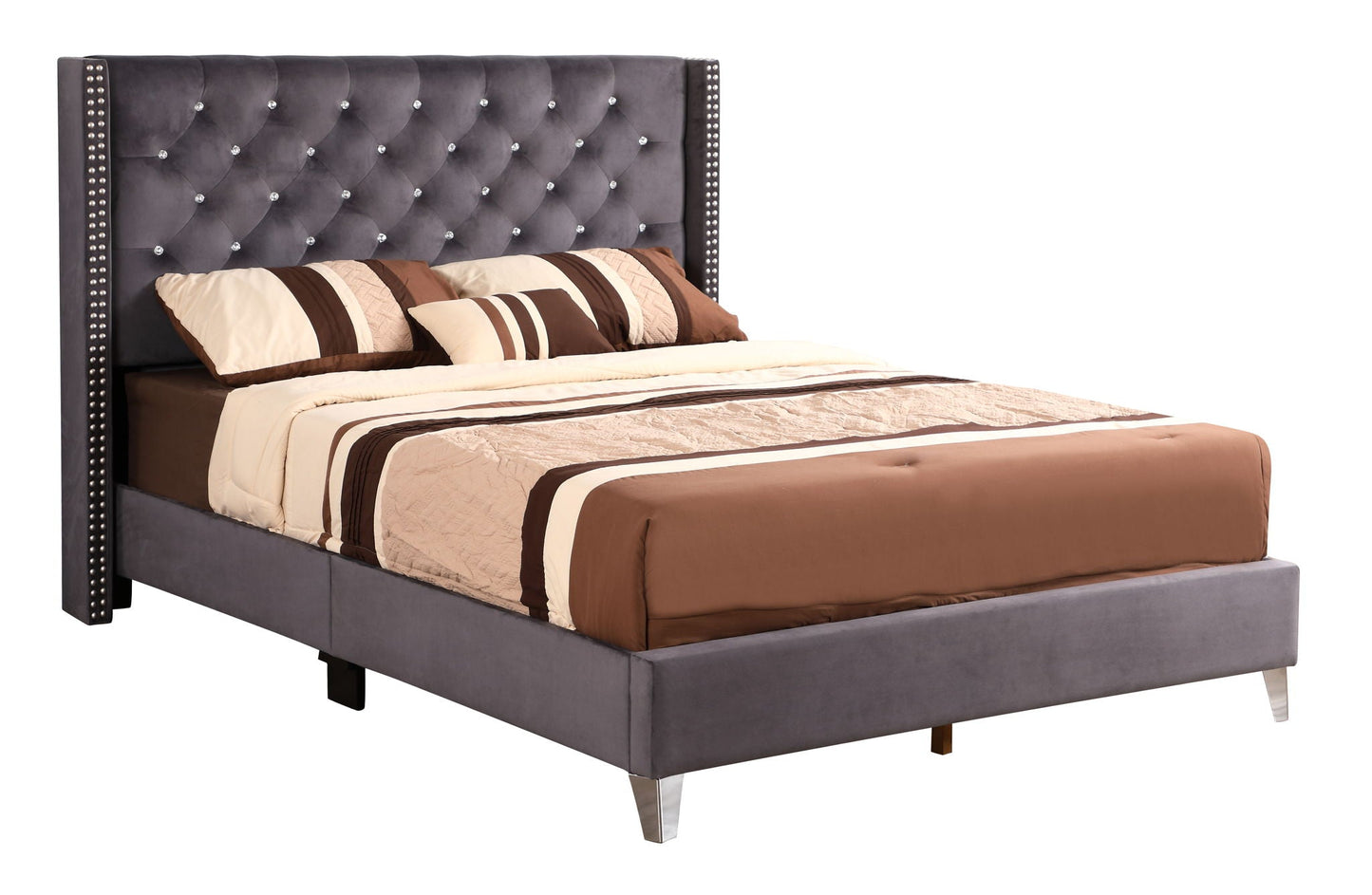 Upholstered Nailhead Trim Chic Bed in dark grey velvet with tufted headboard on Tampa Home & Garden Store