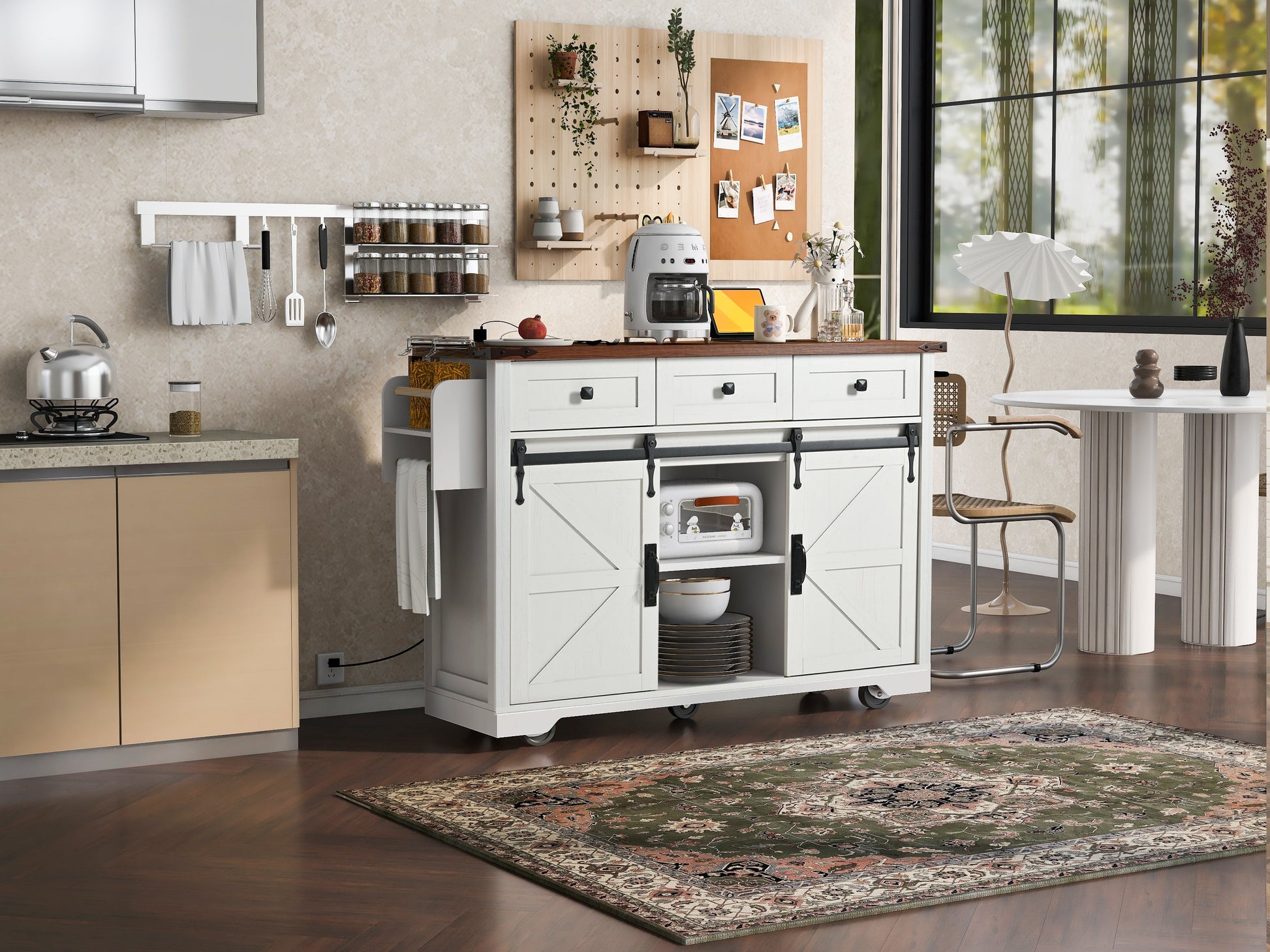 K&K 53.7in farmhouse kitchen island with power outlet, white base and wood top, HouseOfZazla on Tampa Home & Garden Store