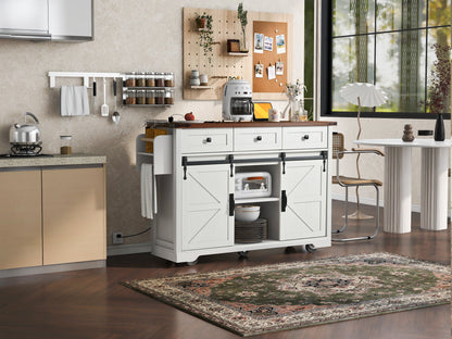 K&K 53.7in farmhouse kitchen island with power outlet, white base and wood top, HouseOfZazla on Tampa Home & Garden Store