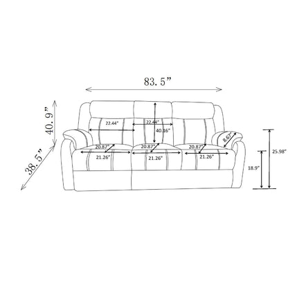 Sonet Domino Reclining Sofas line-drawing with measured dimensions and cushions, HouseOfZazla on Tampa Home & Garden Store