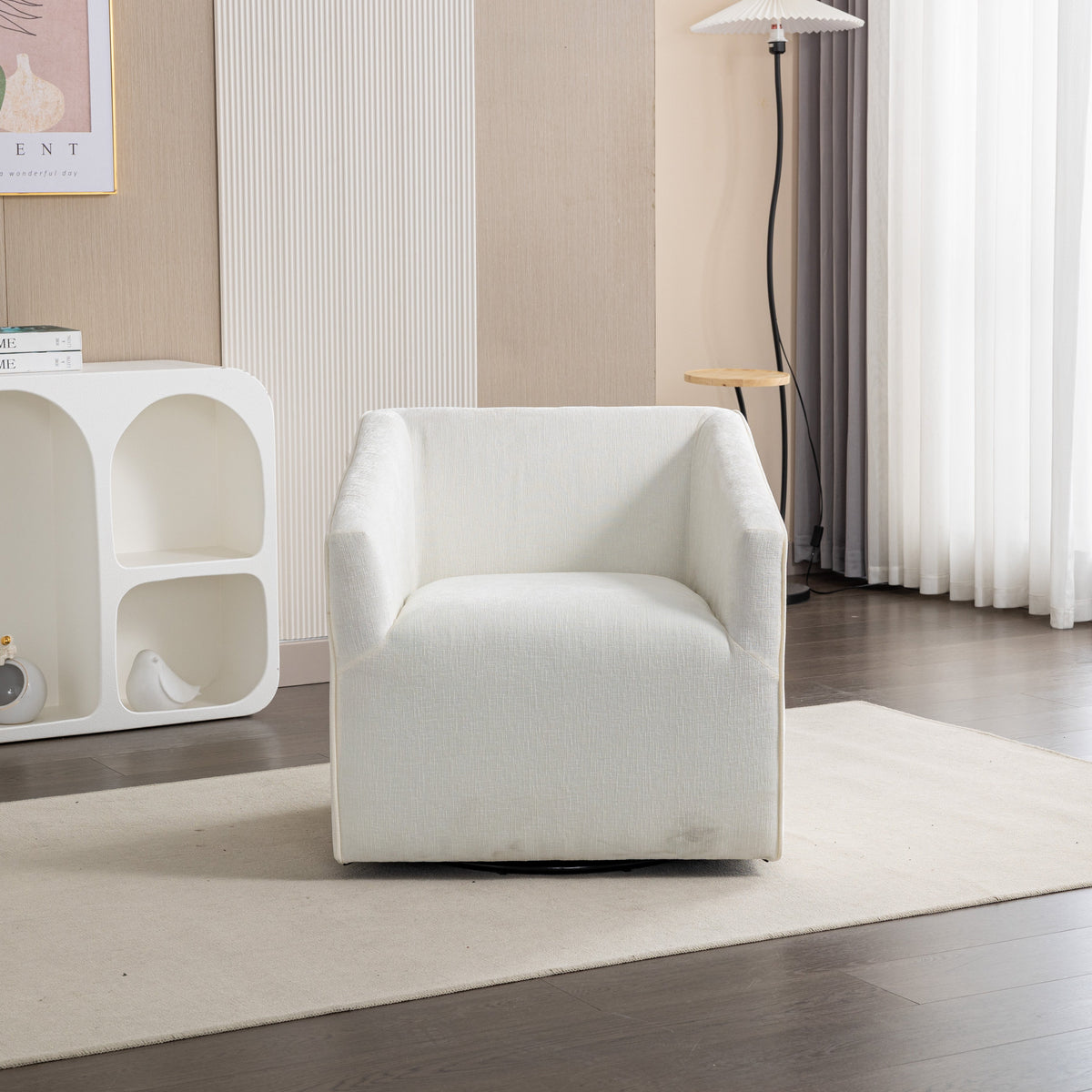 Nice Modern Upholstered Barrel Armchair, white fabric, 360° swivel by HouseOfZazla on Tampa Home & Garden Store